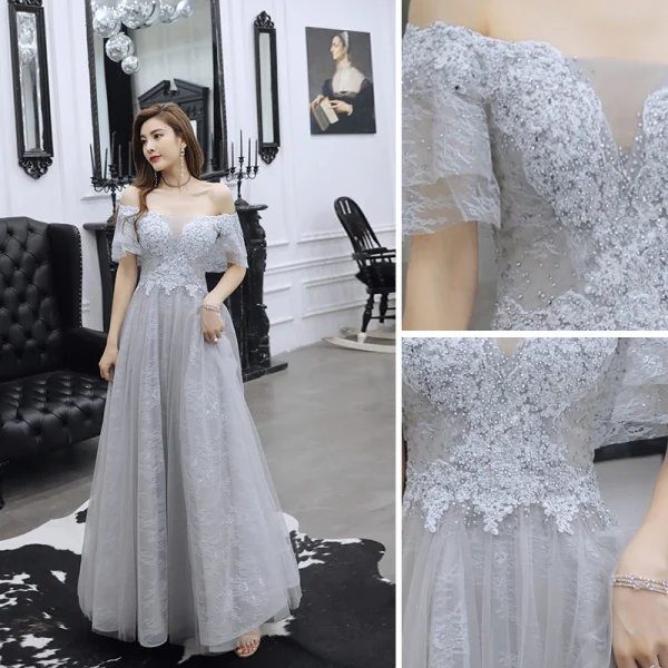 Charming Grey Evening Dresses 2019 A-Line / Princess Off-The-Shoulder Beading Pearl Rhinestone Lace Flower Short Sleeve Backless Floor-Length / Long Formal Dresses