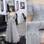 Charming Grey Evening Dresses  2019 A-Line / Princess Off-The-Shoulder Beading Pearl Rhinestone Lace Flower Short Sleeve Backless Floor-Length / Long Formal Dresses