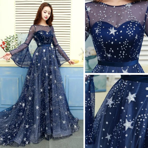 Modern / Fashion Navy Blue Evening Dresses 2019 A-Line / Princess Scoop Neck Star Sequins Bell sleeves Backless Court Train Formal Dresses
