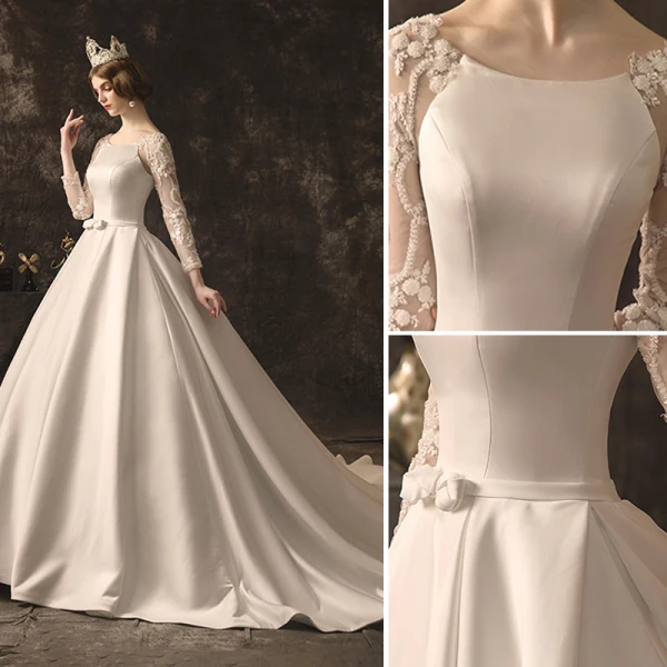 Élégant Ivoire Robe De Mariée 2019 Princesse Encolure Dégagée Noeud En Dentelle Fleur Manches Longues Dos Nu Cathedral Train