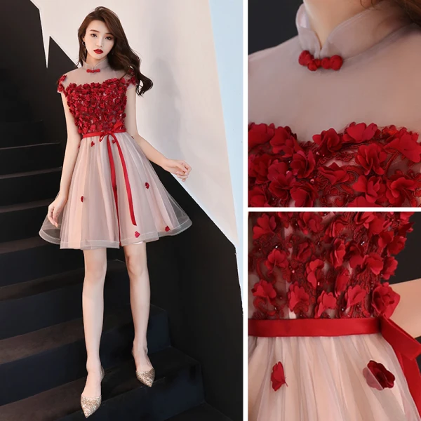 Charming Burgundy Party Dresses 2019 A-Line / Princess High Neck Crystal Lace Flower Appliques Cap Sleeves Short Formal Dresses
