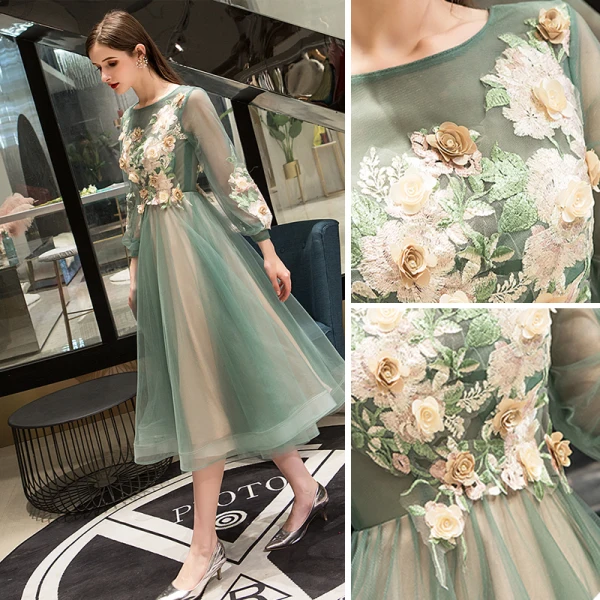 Chic / Beautiful Sage Green Evening Dresses 2019 A-Line / Princess Scoop Neck Lace Flower Appliques Long Sleeve Backless Tea-length Formal Dresses