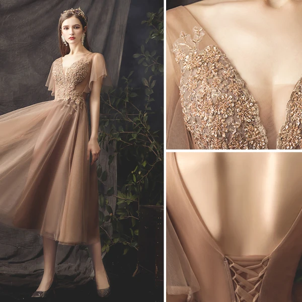 Chic / Belle Kaki de retour Robe De Graduation 2019 Princesse V-Cou Perlage Paillettes En Dentelle Fleur Manches Courtes Dos Nu Thé Longueur Robe De Ceremonie
