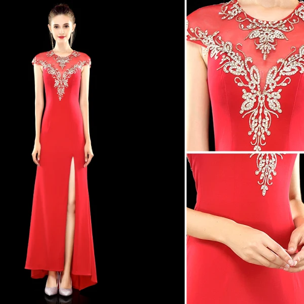 Classy Red Evening Dresses 2019 A-Line / Princess Scoop Neck Rhinestone Lace Flower Cap Sleeves Split Front Floor-Length / Long Formal Dresses