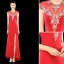 Classy Red Evening Dresses  2019 A-Line / Princess Scoop Neck Rhinestone Lace Flower Cap Sleeves Split Front Floor-Length / Long Formal Dresses