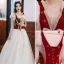 Lovely Burgundy Prom Dresses 2021 A-Line / Princess V-Neck Beading Short Sleeve Backless Bow Floor-Length / Long Formal Dresses