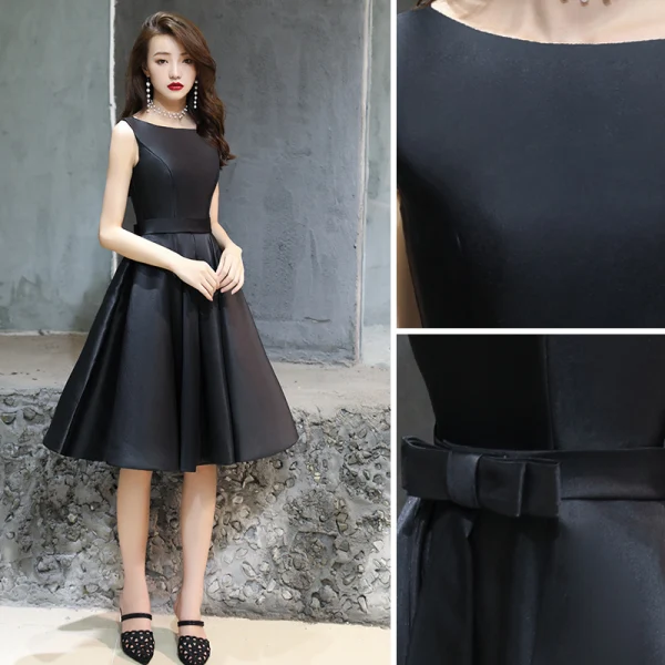 Modest / Simple Black Homecoming Graduation Dresses 2019 A-Line / Princess Scoop Neck Sleeveless Backless Bow Knee-Length Formal Dresses