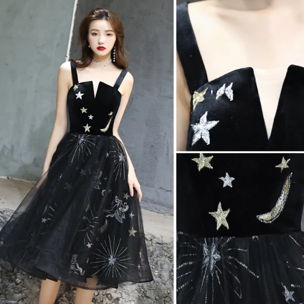 Modern / Fashion Black Homecoming Graduation Dresses 2019 A-Line / Princess Spaghetti Straps Lace Star Sleeveless Backless Tea-length Formal Dresses