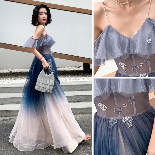 Chic / Beautiful Gradient-Color Evening Dresses 2019 A-Line / Princess Spaghetti Straps Sleeveless Backless Floor-Length / Long Formal Dresses