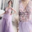 Chic Lavande Robe De Bal 2019 Princesse V-Cou En Dentelle Appliques Sans Manches Dos Nu Train De Balayage Robe De Ceremonie
