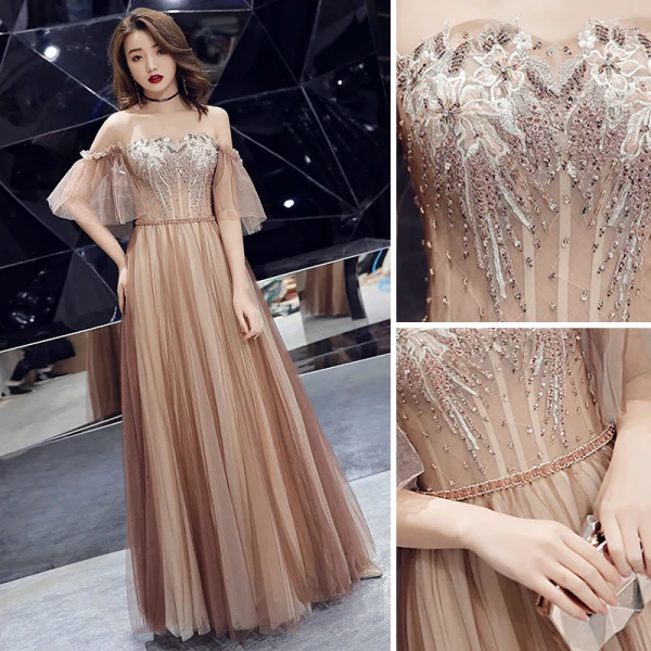 Chic / Beautiful Champagne Evening Dresses 2019 A-Line / Princess Off-The-Shoulder Beading Lace Flower Short Sleeve Backless Floor-Length / Long Formal Dresses