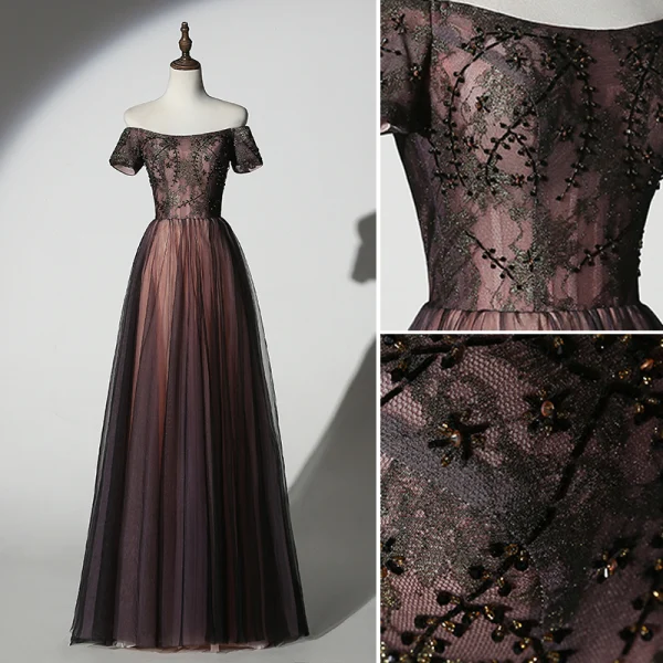 Chic / Belle Chocolat Robe De Soirée 2019 Princesse De l'épaule Perlage En Dentelle Paillettes Manches Courtes Dos Nu Longue Robe De Ceremonie
