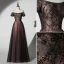 Chic / Belle Chocolat Robe De Soirée 2019 Princesse De l'épaule Perlage En Dentelle Paillettes Manches Courtes Dos Nu Longue Robe De Ceremonie