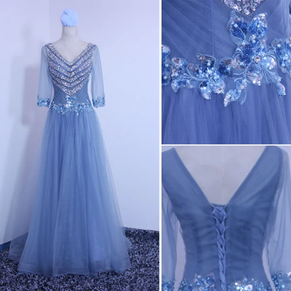 Chic / Belle Bleu Robe De Soirée 2019 Princesse V-Cou Perlage Paillettes En Dentelle Fleur 3/4 Manches Dos Nu Noeud Longue Robe De Ceremonie
