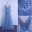 Chic / Belle Bleu Robe De Soirée 2019 Princesse V-Cou Perlage Paillettes En Dentelle Fleur 3/4 Manches Dos Nu Noeud Longue Robe De Ceremonie
