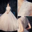 Fabulous Champagne Wedding Dresses 2019 A-Line / Princess High Neck Beading Sequins Lace Flower Short Sleeve Royal Train