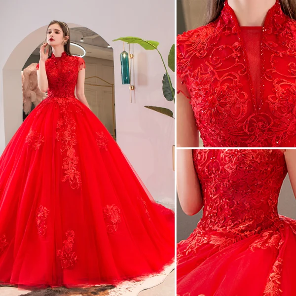 Chic / Belle Rouge Robe De Mariée 2019 Princesse Col Haut Perlage Cristal En Dentelle Fleur Manches Courtes Dos Nu Cathedral Train