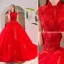 Chic / Belle Rouge Robe De Mariée 2019 Princesse Col Haut Perlage Cristal En Dentelle Fleur Manches Courtes Dos Nu Cathedral Train