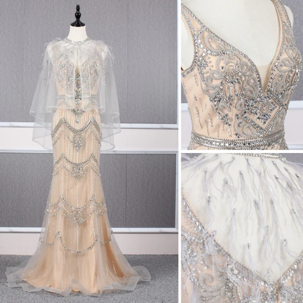 Haut de Gamme Champagne Détachable Avec Châle Robe De Soirée 2019 Trompette / Sirène V-Cou Fait main Perlage Cristal Faux Diamant Sans Manches Dos Nu Train De Balayage Robe De Ceremonie