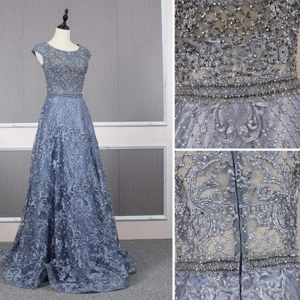 Haut de Gamme Océan Bleu Robe De Soirée 2019 Princesse Encolure Dégagée Fait main Perlage Cristal Faux Diamant En Dentelle Fleur Sans Manches Longue Robe De Ceremonie