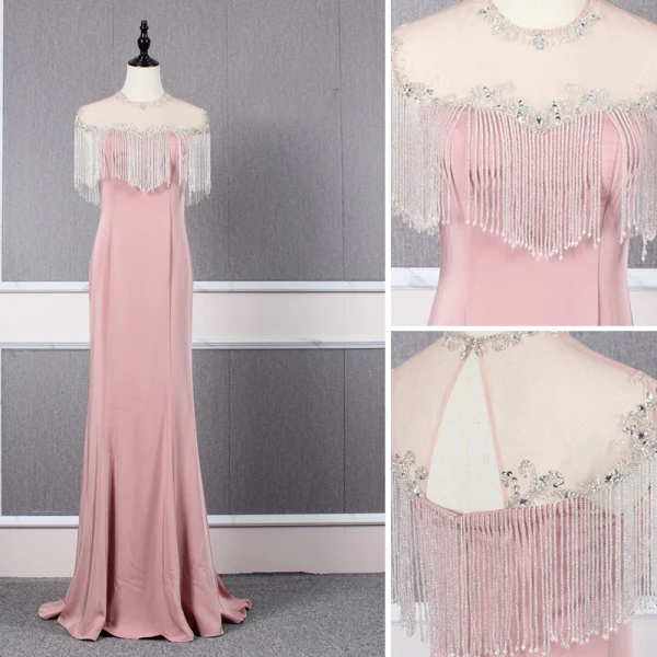 Vintage / Retro Dark Green Prom Dresses 2019 Trumpet / Mermaid Scoop Neck Handmade  Beading Tassel Sequins Short Sleeve Backless Sweep Train Formal Dresses