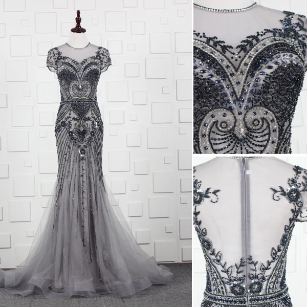 High End Grau Abendkleider 2019 Meerjungfrau Rundhalsausschnitt Handgefertigt Perlenstickerei Kristall Strass Kurze Ärmel Sweep / Pinsel Zug Festliche Kleider