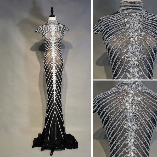 Luxe Noire Robe De Soirée 2019 Trompette / Sirène Col Haut Fait main Perlage Cristal Faux Diamant Mancherons Train De Balayage Robe De Ceremonie