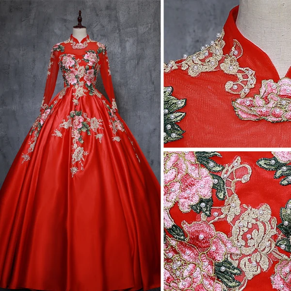 Chinese style Vintage / Retro Red Quinceañera Prom Dresses 2019 Ball Gown High Neck Pearl Lace Flower Long Sleeve Backless Floor-Length / Long Formal Dresses