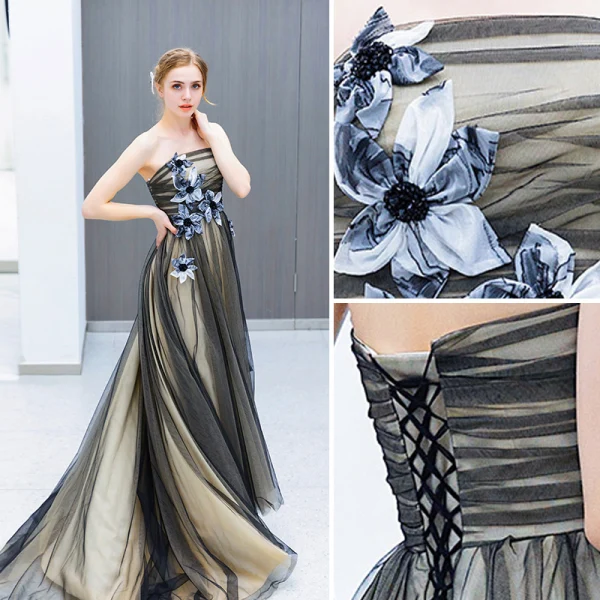 Chic / Beautiful Black Evening Dresses 2019 A-Line / Princess Strapless Beading Appliques Sleeveless Backless Floor-Length / Long Formal Dresses