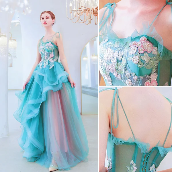 Charming Jade Green Evening Dresses 2019 A-Line / Princess Spaghetti Straps Pearl Rhinestone Lace Flower Sleeveless Backless Floor-Length / Long Formal Dresses