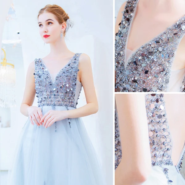 Charming Silver Evening Dresses  2019 A-Line / Princess V-Neck Beading Sequins Sleeveless Backless Floor-Length / Long Formal Dresses