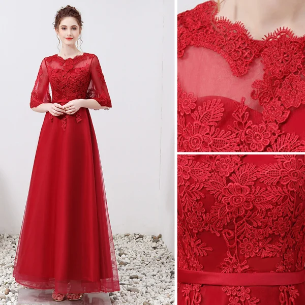 Chic / Beautiful Burgundy Evening Dresses 2019 A-Line / Princess Scoop Neck Appliques Lace Sash 1/2 Sleeves Floor-Length / Long Formal Dresses