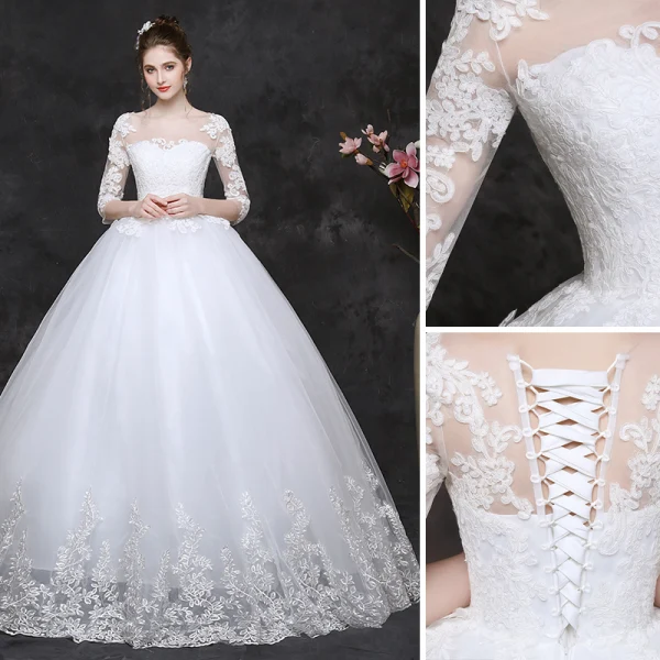 Classy White Pregnant Wedding Dresses 2019 Ball Gown Scoop Neck Appliques Lace 1/2 Sleeves Backless Floor-Length / Long