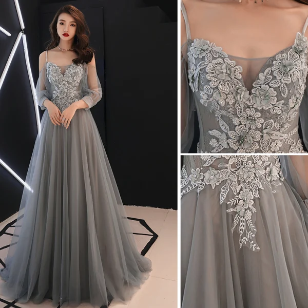 Elegant Grey Evening Dresses 2019 A-Line / Princess Spaghetti Straps Bow Lace Flower Appliques 3/4 Sleeve Backless Floor-Length / Long Formal Dresses