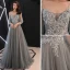 Elegant Grey Evening Dresses  2019 A-Line / Princess Spaghetti Straps Bow Lace Flower Appliques 3/4 Sleeve Backless Floor-Length / Long Formal Dresses