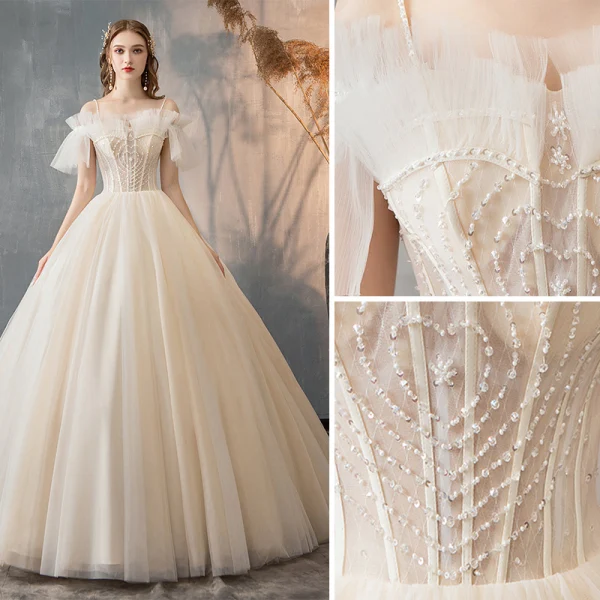Élégant Champagne Robe De Mariée 2019 Princesse Bretelles Spaghetti Perlage Paillettes Volants Manches Courtes Dos Nu Longue