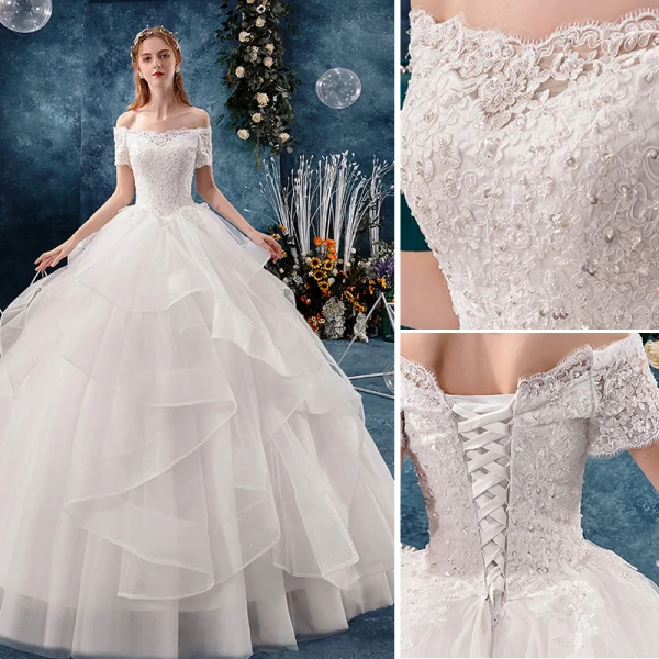 Modern / Fashion White Wedding Dresses 2019 Ball Gown Off-The-Shoulder Beading Sequins Lace Flower Short Sleeve Backless Cascading Ruffles Floor-Length / Long