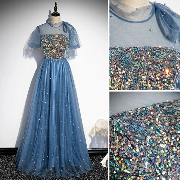 Chic / Belle Bordeaux Robe De Soirée 2018 Empire En Dentelle Fleur Perlage Encolure Dégagée Manches Courtes Longue Robe De Ceremonie