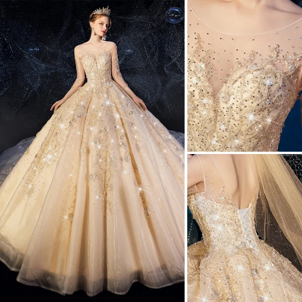 High-end Champagne Wedding Dresses 2019 A-Line / Princess Scoop Neck Beading Appliques Lace Flower Rhinestone 3/4 Sleeve Backless Glitter Royal Train
