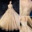 High-end Champagne Wedding Dresses 2019 A-Line / Princess Scoop Neck Beading Appliques Lace Flower Rhinestone 3/4 Sleeve Backless Glitter Royal Train