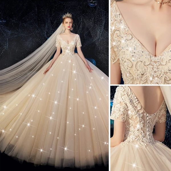 High-end Champagne Bröllopsklänningar 2019 Prinsessa V-Hals Beading Paljetter Spets Blomma Korta ärm Halterneck Cathedral Train