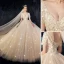 High-end Champagne Bröllopsklänningar 2019 Prinsessa V-Hals Beading Paljetter Spets Blomma Korta ärm Halterneck Cathedral Train