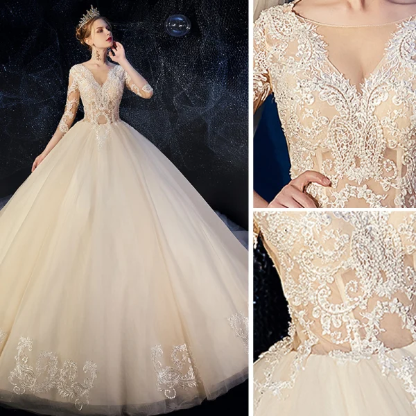 Charmant Champagne Robe De Mariée 2019 Robe Boule Encolure Dégagée Paillettes En Dentelle Fleur 1/2 Manches Cathedral Train