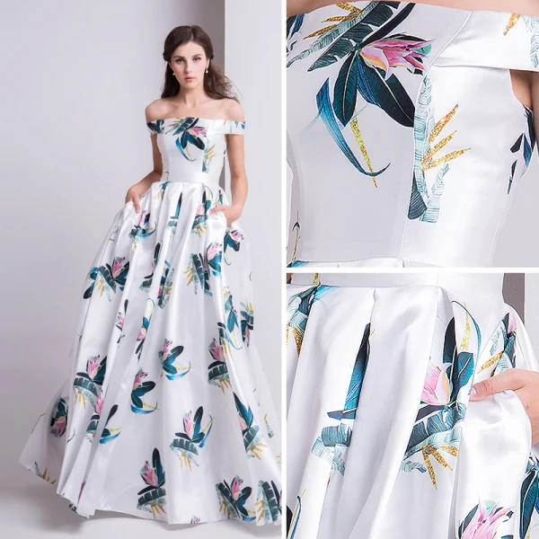 Modern / Fashion Ivory Evening Dresses 2019 A-Line / Princess Off-The-Shoulder Printing Short Sleeve Backless Floor-Length / Long Formal Dresses
