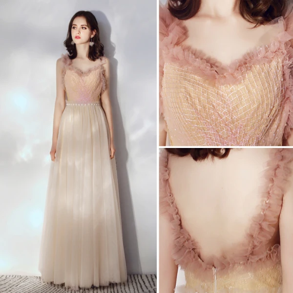 Chic / Belle Champagne Robe De Soirée 2019 Princesse Volants Bretelles Spaghetti Sans Manches Dos Nu Longue Robe De Ceremonie
