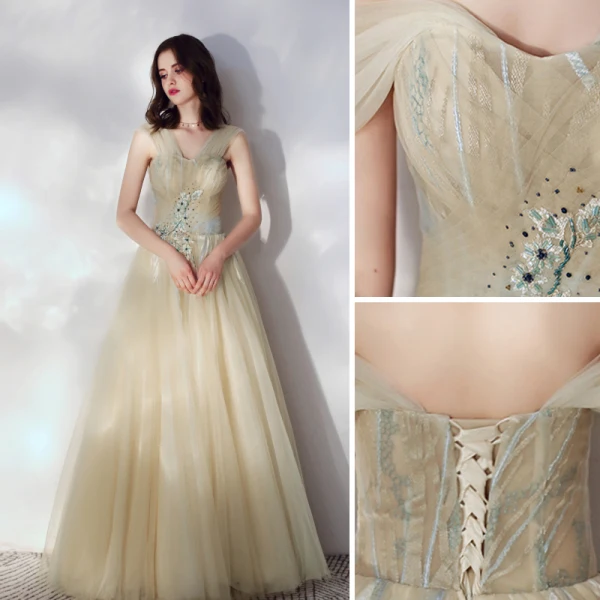 Chic / Beautiful Beige Evening Dresses 2019 A-Line / Princess Off-The-Shoulder Beading Lace Flower Sleeveless Backless Floor-Length / Long Formal Dresses