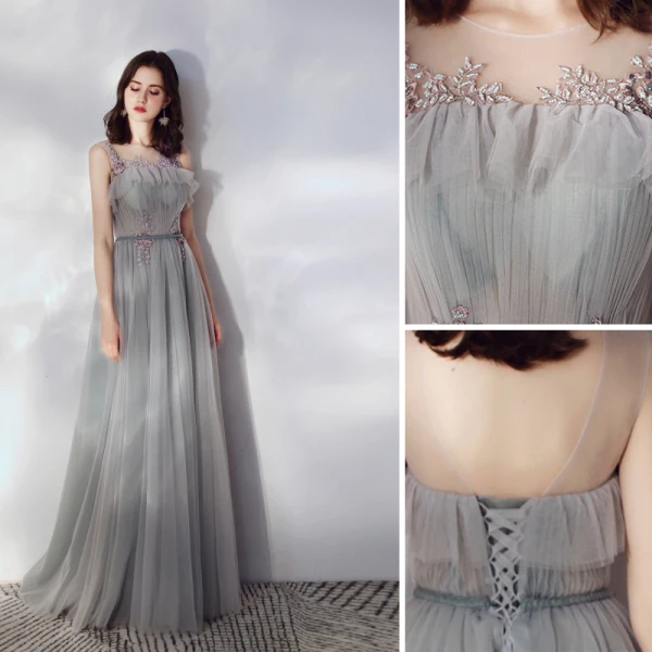 Chic / Beautiful Grey Ruffle Evening Dresses 2019 A-Line / Princess Scoop Neck Beading Lace Flower Sleeveless Backless Sash Floor-Length / Long Formal Dresses