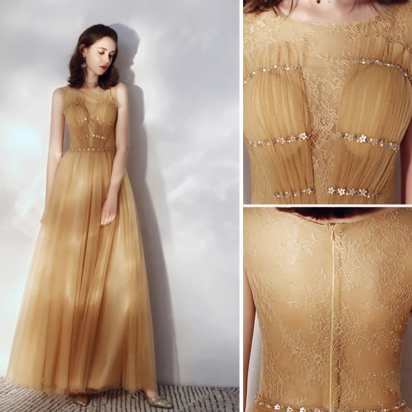 Chic / Beautiful Gold Ruffle Evening Dresses 2019 A-Line / Princess Scoop Neck Beading Lace Flower Sleeveless Floor-Length / Long Formal Dresses