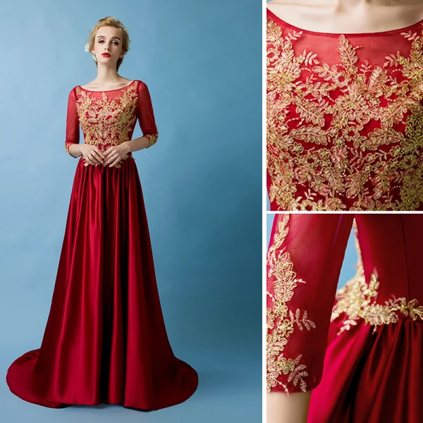 Elegant Burgundy Evening Dresses  2019 A-Line / Princess Scoop Neck Gold Lace Appliques 3/4 Sleeve Sweep Train Formal Dresses