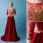 Elegant Burgundy Evening Dresses  2019 A-Line / Princess Scoop Neck Gold Lace Appliques 3/4 Sleeve Sweep Train Formal Dresses